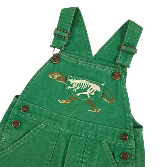 Vintage 90s Y2K Kids Green Dinosaur Denim Shortalls Boys 4T Cotton Overalls - Picture 2 of 9